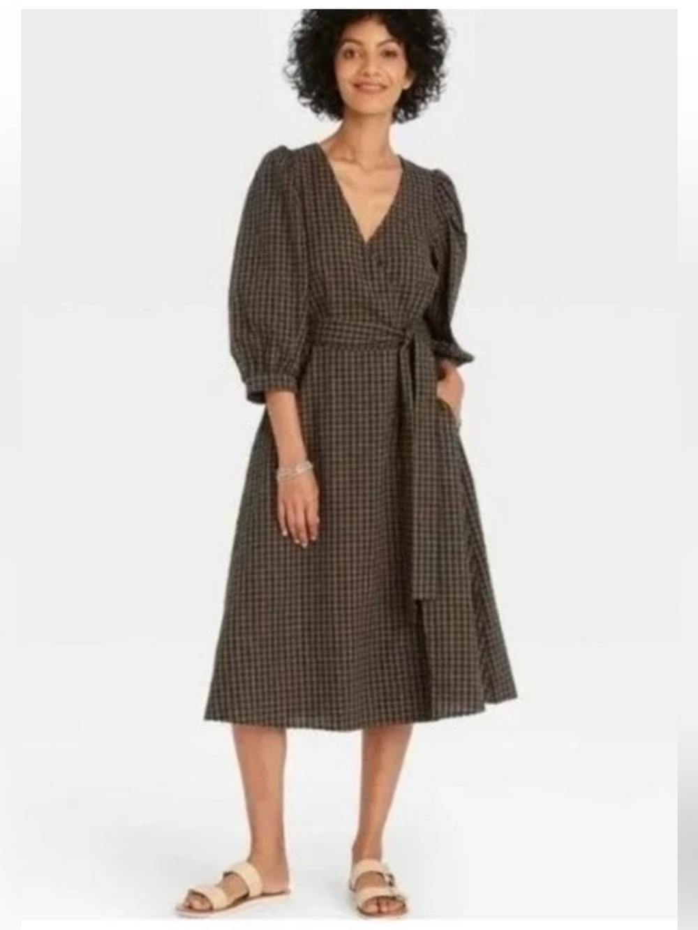 A New Day Seersucker Gingham Tie-Waist Midi Dress Size Medium